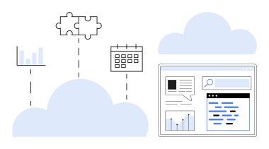 Grafikler, takvim, bulmaca parçaları ve gösterge paneli. Takım çalışması, zamanlama, veri analizi, entegrasyon, verimlilik yeniliği için ideal basit bir iniş sayfası