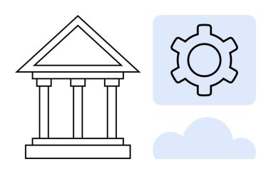 Hükümeti temsil eden klasik bina taslağı, teknoloji veya sistemleri belirten dişli ikonu ve bir bulut. Yönetim, politika, modernizasyon, teknoloji entegrasyonu, ağ oluşturma konuları için ideal