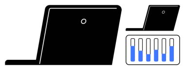 Veri ilerlemesini ve durum güncellemelerini gösteren işlem çubukları olan dizüstü bilgisayar. Teknoloji, analitik, iş büyümesi, yazılım, eğitim, çevrimiçi veriler ve basit bir iniş sayfası için ideal