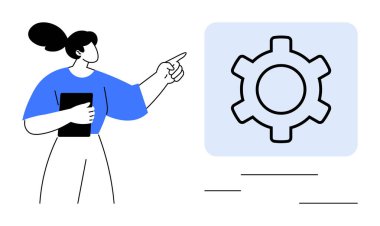 Elinde tablet tutan kadın, bir vites simgesini işaret ederek ayarları, fikirleri ya da gelişimi sembolize ediyor. Teknoloji, takım çalışması, eğitim, yenilik, verimlilik için ideal basit bir iniş sayfası