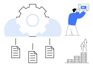 Bulutları birbirine bağlayan dosyalar, video ekranı tutan kişi, yukarı doğru grafikler ve paralar. Takım çalışması, yaratıcılık, bulut depolama, video sunumu, süreç otomasyonu, belge paylaşımı için ideal