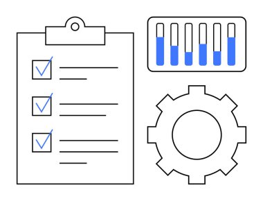 Kontrol işaretli görev listesi, işlem için teçhizat, mavi segmentli çubuk grafiği. İş akışı optimizasyonu, görev yönetimi, performans takibi, iş operasyonları, analitik, takım için ideal