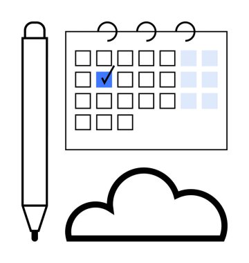 Takvimin yanındaki kalem kontrol ve bulut sembolü ile işaretlenmiş. Zaman yönetimi, planlama, organizasyon, üretkenlik, dijital araçlar, bulut hizmetleri, düz basit metafor
