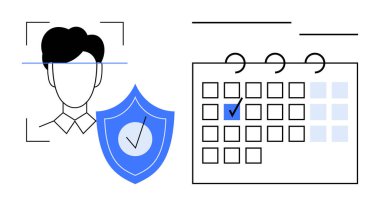 Yüz tanıma programı ve koruma kalkanı, üzerinde kontrol işareti olan bir takvimle eşleştirildi. Siber güvenlik, zamanlama, kimlik doğrulama, gizlilik, erişim denetimi için ideal