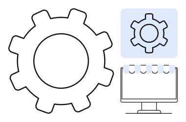 Düz kenarlı dişli simgesi, dijital not defteri kaplaması ve üretkenlik ve teknoloji için bilgisayar ekranı. Çalışma akışı, ayarlar, sistem, otomasyon, organizasyon, yönetim için ideal basit iniş