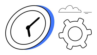 Mavi gölgeli saat, vites simgeleme süreci ve bulut zaman yönetimi, verimlilik ve iş akışını ima ediyor. İş için ideal, takvim, verimlilik planlama otomasyon optimizasyonu. Düz