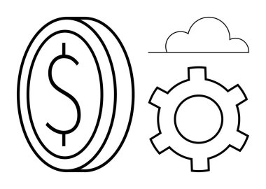 Dolar sembollü sikke, vites kutusu ve bulut simgesi. Finans, teknoloji, yenilik, bulut hesaplama, iş süreçleri, dijital ekonomi sade iniş sayfası için ideal