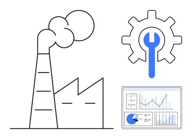 Bacası ve dumanı olan bir fabrika İngiliz anahtarı olan vites sembolü ve veri tabanlı dijital torpido gözü. Sanayi, üretim, bakım, analitik, teknoloji, verimlilik için ideal basit iniş