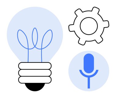 Bitki özeti, teçhizat ve mikrofona sahip ampul minimum düzeyde. Yenilik, yaratıcılık, teknoloji, takım çalışması, iletişim büyümesi ve sürdürülebilirlik için ideal. Düz basit metafor