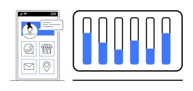 Kullanıcı profili ile telefon arayüzü, mesaj simgeleri, konum, bağlantı seçenekleri ve analitiği temsil eden bar tablosu. İş yönetimi, veri takibi, üretkenlik uygulaması, sosyal ağ oluşturma için ideal