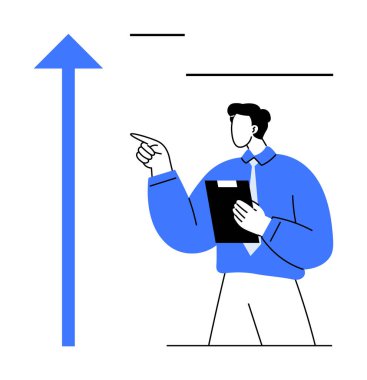 Kravatlı adam elinde bir pano ile yukarı doğru ilerleyen bir oku işaret ediyor. İlerlemeyi temsil ediyor. Başarı, liderlik, büyüme, iş stratejisi, hedef belirleme, koçluk, düz metafor için ideal