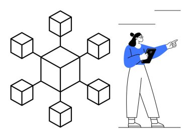 Geometrik küpler birbirine bağlanıp, parmaklarını yukarı kaldırma diyagramı oluşturur. Bir kadın kendinden emin bir şekilde tableti işaret eder. Teknoloji, engelleme zinciri, veri akışı, eğitim, takım çalışması, dijitalleştirme için ideal