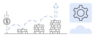 Sikke yığınları üzerinde sekerek büyümeyi sembolize ediyor. Yanında da yukarı doğru ok ve optimizasyon için dişli var. Finans, yatırım, kâr, analiz, tasarruf, strateji, basit iniş sayfası için ideal