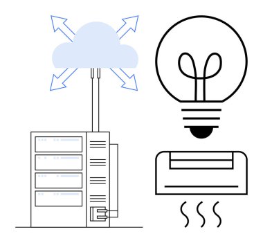 Veri aktarım okları olan bulut sunucusu, yeniliği temsil eden ampul ve soğutmayı sembolize eden klima. Teknoloji, veri merkezi, yenilik, otomasyon, bulut depolama için ideal