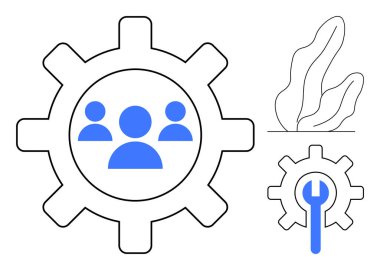 Ekip çalışmasını ve operasyonları sembolize eden bir dişlinin içindeki üç kişi, bakım ve büyüme fikirleri için bir ingiliz anahtarıyla eşleştirildi. Üretkenlik, işbirliği, yönetim, işlemler ve yenilik için ideal