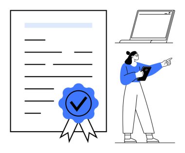 Onay rozeti olan bir sertifika. Yanında dizüstü bilgisayarı olan, elinde bir pano tutan biri var. Eğitim, eğitim, iş akışı, sertifika, dijital süreç, uzaktan çalışma, basit iniş sayfası için ideal