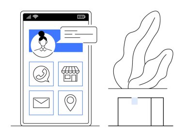 İletişim profili, mesajlaşma, arama, konum ve e- posta simgeleriyle akıllı telefon arayüzü. Bitki estetik bir dokunuş katıyor. İş, iletişim, teknoloji ağı navigasyon uygulaması tasarımı için ideal