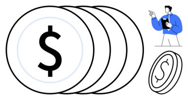 İçinde bir dolar sembolü olan istiflenmiş sikkeler bir pano tutan ve işaret eden bir profesyonelin yanında. Finans, yatırım, ekonomi, iş stratejisi, zenginlik yönetimi, kâr, tasarruf için ideal
