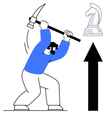 Çekici kaldıran kişi, yukarı bakan cesur oklu şövalye satranç taşını vurmak için kaldırır. Liderlik için ideal, karar verme, strateji, hırs, meydan okuma, problem çözme, büyüme. Düz basit