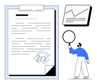 Büyük imzalı belge, elinde büyüteç tutan kişi, modaya uygun büyüme tablosu. İş için ideal, sözleşme gözden geçirme, veri analizi, denetleme, yasal, uyum basit iniş