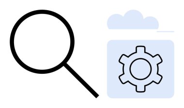 Arama, optimizasyon, ayar, analiz, sorun çözme, geliştirme ve yeniliği temsil eden bir bulut arayüzünde büyütme cam ve vites simgesi. Teknoloji uygulamaları ya da basit iniş sayfaları için ideal