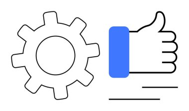 Takım çalışmasını ve üretkenliği sembolize eden dişli ve baş parmaklı el. Başarı, işbirliği, verimlilik, onay, çalışma süreci, ilerleme, düz metafor için ideal