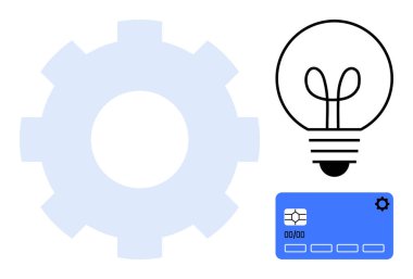 Vites, ampul ve kredi kartı yaratıcılığı, teknolojiyi ve finansal çözümleri sembolize ediyor. Yenilik için ideal, üretkenlik, otomasyon Fintech problem çözme teknolojisi ekip çalışması. Düz