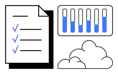 Kontrol listesi, veri analizi için bar çizelgesi ve depolama için bulut simgesi olan minimum tasarım. Proje yönetimi, veri izleme, dijital organizasyon, üretkenlik, bulut çözümleri, analitik için ideal