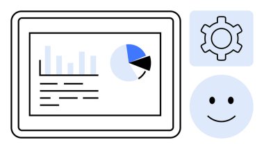 Çubuk grafik, pasta grafiği ve metin verilerini gösteren tablet. Yanında teçhizat ve mutlu yüz simgeleri var. Analiz, ayar, kullanıcı arayüzü, veri görselleştirme ve teknoloji projeleri için ideal