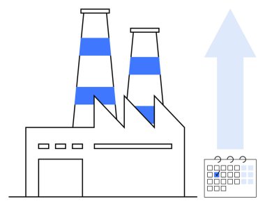 Sanayileşmeyi temsil eden bacalı fabrika, büyümeyi simgeleyen yukarı doğru ok ve planlama takvimi. Üretim, endüstri, büyüme, planlama, ekonomi, verimlilik için ideal basit