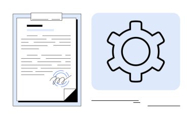 Panodaki dijital belge, imza simgesi, bir dişli sembolüne bitişik. Anlaşmalar, iş akışı otomasyonu, e-dokümantasyon, dijital imzalar, süreç yönetimi, verimlilik, basit