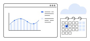 İşaretli tarihli bir takvimin yanında gösterge panelinde veri noktaları ve bar tablosu olan çizgi grafiği. Üretkenlik, zamanlama, planlama, performans, analitik, veri yönetimi, düz