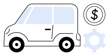 Bir dolar simgesi ve dişli dışında kompakt araba otomotiv maliyeti, hizmetleri ve tamir temalarını ön plana çıkarıyor. Bütçe planlaması, araba bakımı, tamirat, ulaşım maliyeti analizi, kira