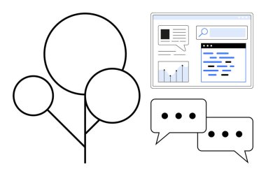 Soyut ağaç şekilleri, sohbet baloncukları, analitik web sayfası arayüzü. Takım çalışması, iletişim, analitik, veri paylaşımı, beyin fırtınası, çevrimiçi öğrenim için ideal basit iniş sayfası