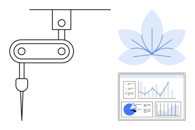 Hassas çalışma için robot kolu, analitik gösterge paneli ve çiçek motifi. Otomasyon için ideal, yenilik, sürdürülebilirlik, veri analizi, akıllı üretim, eko-teknoloji basit iniş sayfası