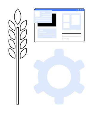 Web arayüzü tasarımı, tarımı sembolize eden buğday sapı ve işlem optimizasyonu için bir dişli. Teknoloji entegrasyonu, yenilik, tarım, araştırma, üretkenlik, sürdürülebilirlik dijital için ideal