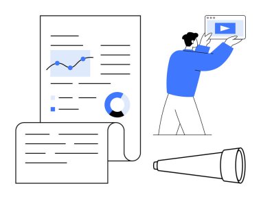 Grafik ve grafiği olan bir belge, elinde bir tablet ve yanında da bir teleskop tutan bir adam. Analiz için ideal, içerik oluşturma, çevrimiçi eğitim, keşif, planlama, strateji basit