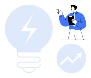 Elinde pano tutan bir adam, fikirleri simgeleyen büyük bir ampul, ilerlemek için ok. Yenilik, beyin fırtınası, liderlik, planlama, büyüme sorunları çözme başarısı için idealdir. Düz