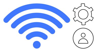 Teçhizat ve ağ erişebilirliğini, yapılandırmayı ve bağlantıyı temsil eden kullanıcı simgeleriyle mavi kablosuz sinyal. Teknoloji, internet, kablosuz çözümler, iletişim, bilişim kurulumu, kullanıcı için ideal