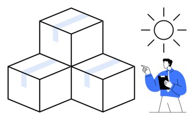Resmi kıyafet denetimlerinde çalışan bir işçi olarak odağında istiflenmiş nakliye kutuları nakliye detaylarını gündüz vakti iletiyor. Lojistik, depolama, dağıtım, envanter, tedarik zinciri, verimlilik, iş planlaması için ideal