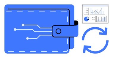 Elektronik devre desenli mavi cüzdan, finansal tablolar ve güncellemeleri veya işlemleri temsil eden dairesel oklar. Fintech, kripto para birimi, finans, teknoloji, analitik, veri için ideal