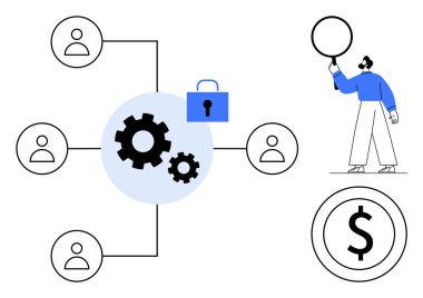 Kullanıcı simgelerine bağlı dişliler, güvenlik için kilit sembolü, finansal odaklanma için dolar işareti, kişi tutma çemberi. İş akışı, güvenlik, takım çalışması, finans ve veri yönetimi için ideal