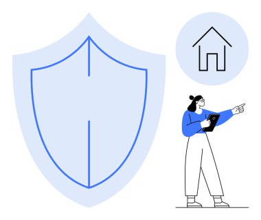 Tablet tutan ve büyük kalkanın yanındaki ev ikonunu gösteren bir kadın. Güvenlik için ideal, ev koruması, teknoloji, güvenlik, gayrimenkul, sigorta, basit iniş sayfası