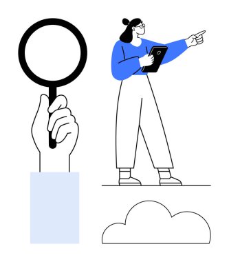 Mavi elbiseli kadın işaret ederken tablet verilerini analiz ediyor. Büyüteç, bulut elementleri. Araştırma, keşif, teknoloji, yenilik, analiz, keşif için ideal basit iniş sayfası