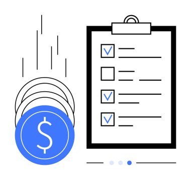 Madeni paralar işaretli kutuların olduğu ayrıntılı bir listenin yanına konuyor, mali planlamayı, bütçeyi, yatırımı, tasarrufu, öncelikleri, organizasyonu ve takibi simgeliyor. Finansal ipuçları planlamak için ideal