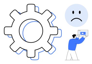 Dişliler sistem çalışmasını simgeler, üzgün surat teknik bir sorun, medya uyarısı taşıyan kişi anlamına gelir. Sorun giderme, hata çözünürlüğü, kullanıcı desteği, sistem bakımı, işlem analizi için ideal