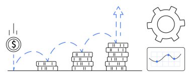 Yukarı doğru büyüyen oklarla dolu bozuk paralar, işlem optimizasyonu için teçhizat ve analiz için grafik. Finans, strateji, yatırım, ekonomi, iş büyümesi için ideal, üretkenlik sade iniş sayfası