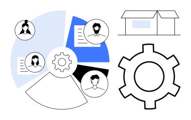 Takım avatarları, döküman kağıtları, büyük teçhizat ve mağaza çizgisi içeren turta çizelgeleri. Takım çalışması, iş akışı yönetimi, perakende, iş planlaması, sorun çözme yeniliği için ideal basit