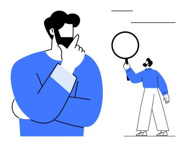 Düşünceli bir pozla düşünen adam yanında büyüteç tutuyordu. Problem çözme, araştırma, analiz, strateji, yaratıcılık, beyin fırtınası, basit iniş sayfası için ideal