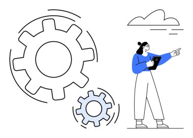 Elinde bir tablet tutan ve takım çalışmasını, planlama ve iş akışını sembolize eden büyük ve küçük vitesleri gösteren bir kadın. İş, strateji, kalkınma, yenilik, işbirliği, süreç için ideal